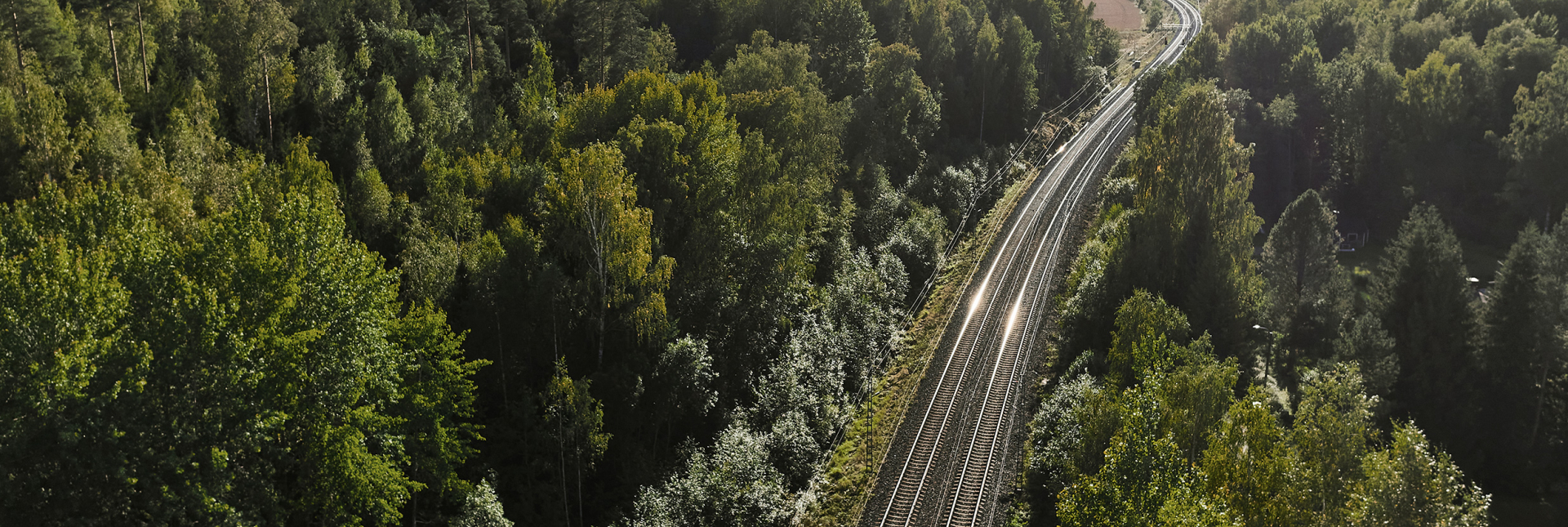 A railway track runs through a dense forest under a partly cloudy sky.