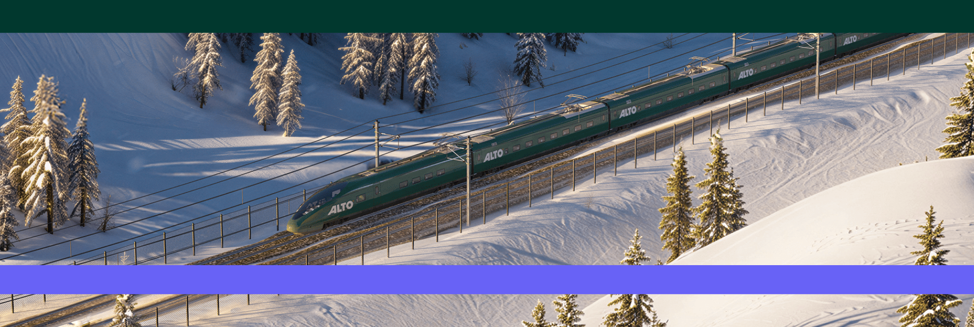 A 3D render of an Alto train going through a winter landscape