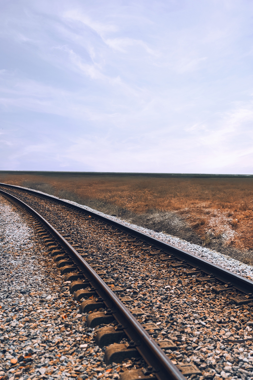 Curving railroad tracks run through a grassy field under an overcast sky.
