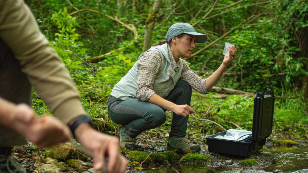 Scientist collecting a water sample in a test tube