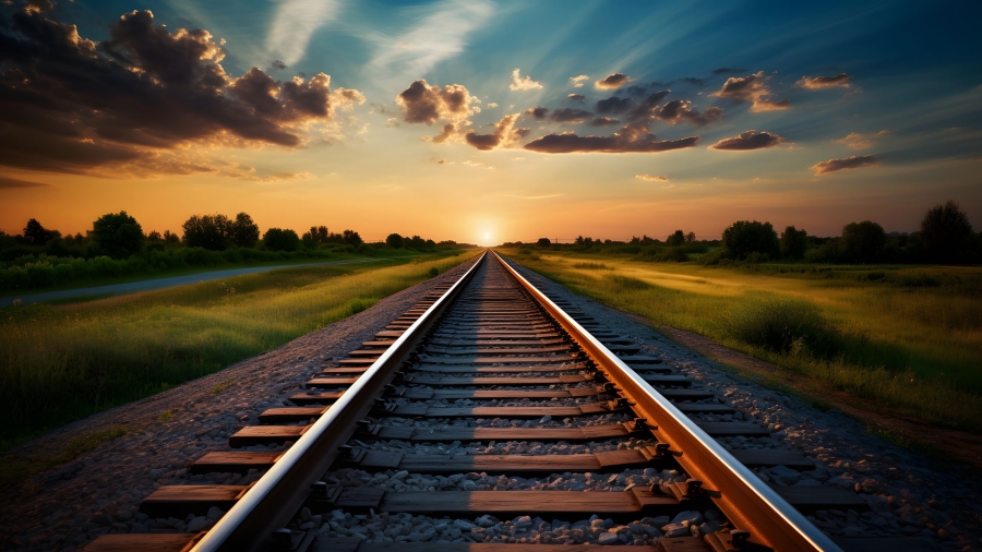 a-fish-eye-view-of-train-tracks-facing-towards-the-horizon