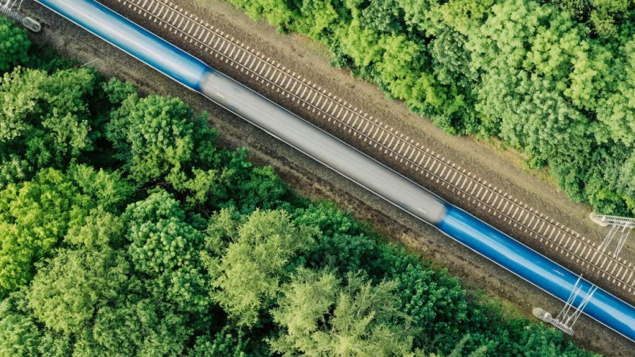 A blue and white train going through a forest seen from above