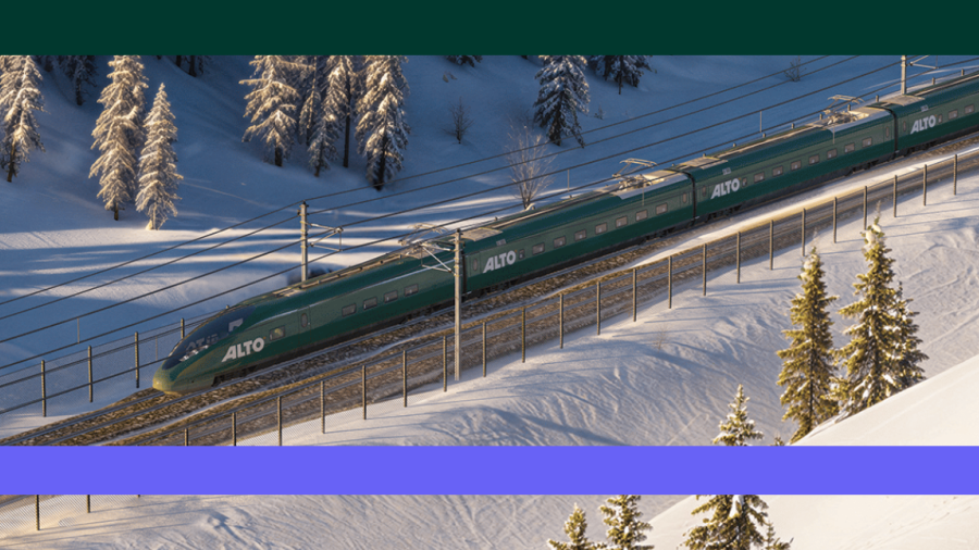A 3D render of an Alto train going through a winter landscape