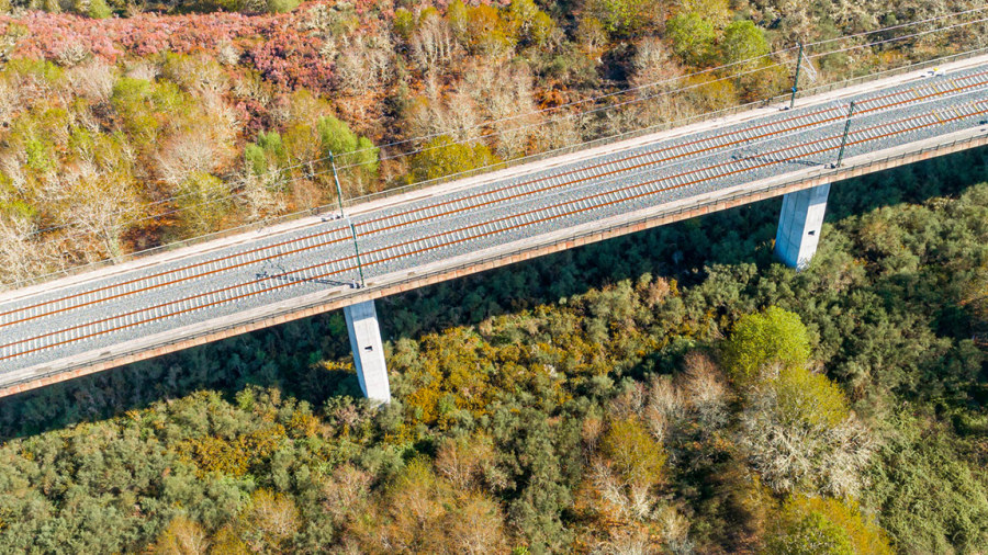 An elevated train track going over vegetation