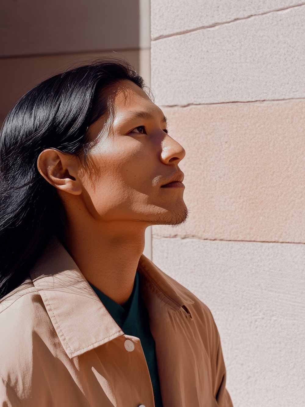 An Indigenous person in a beige jacket stands by a light-colored wall.