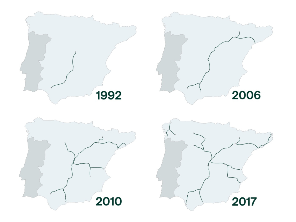 Maps of Spain from 1992 to 2017 showing the expansion of High-speed rails