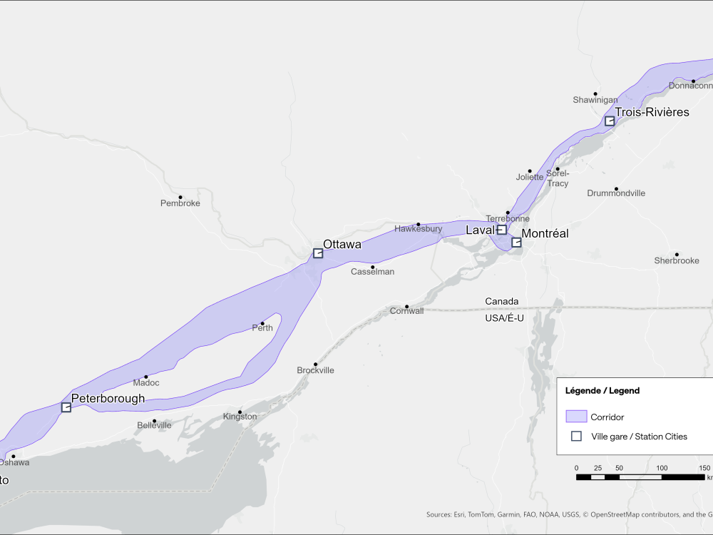 A map of the corridor between Toronto and Québec City