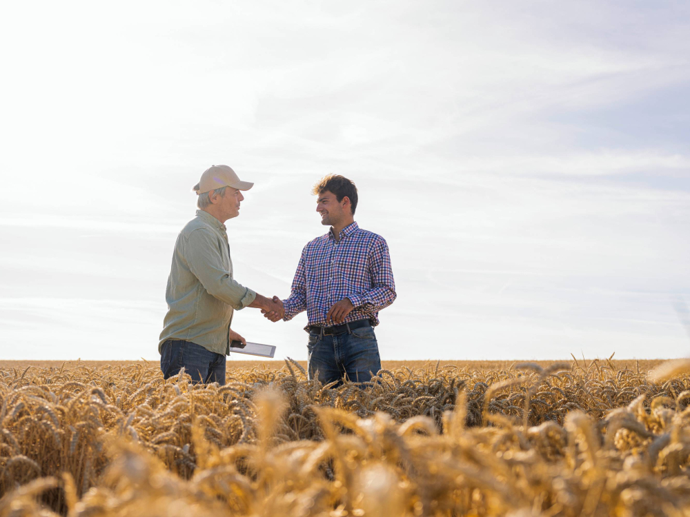 A farmer and another man shaking hands in a field