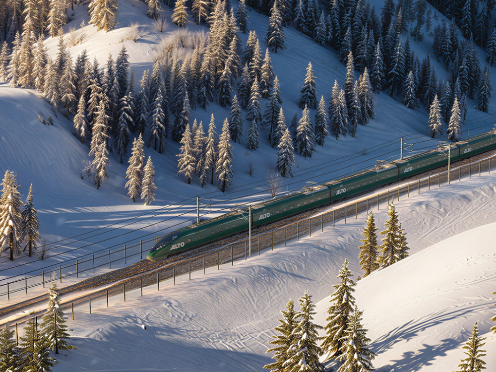 Rendu 3d de quoi un train Alto pourrait ressembler, dans un paysage hivernal
