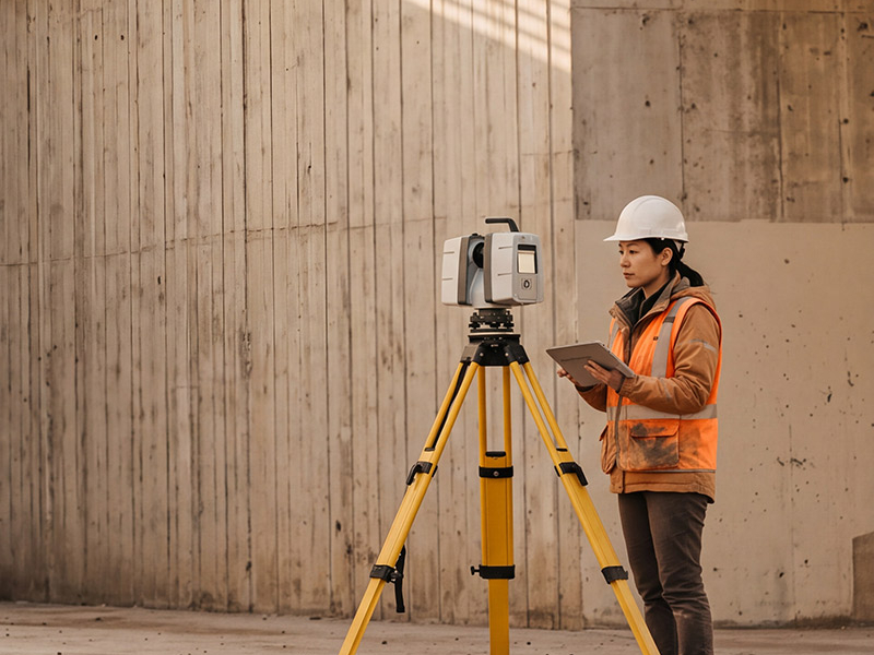 Une femme portant une veste de sécurité à haute-visibilité et un chapeau de construction utilisant un scanner laser